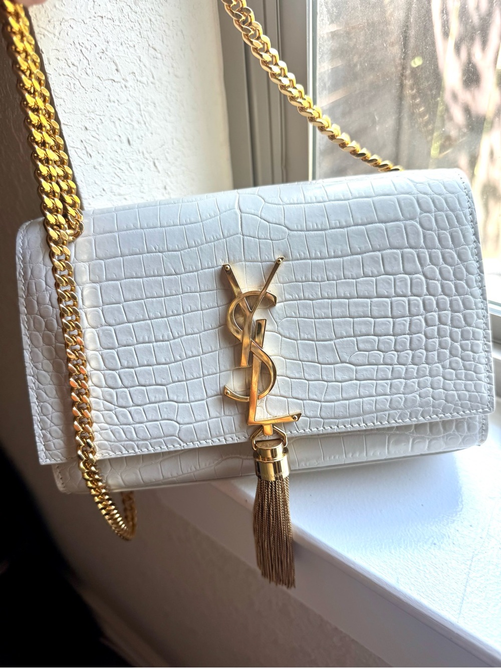 Saint Laurent White Croc-Embossed Kate Tassel Shoulder Bag - NWT!